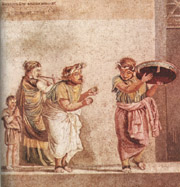 Mosaic with the dancing musicians in the Archaeological Museum of Naples